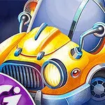 Żółty, futurystyczny samochód z dużymi reflektorami i błyszczącymi turbinami na ciemnym tle