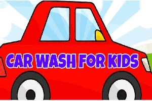 Czerwony samochód z napisem Car Wash for Kids na tle jasnobłękitnych promieni