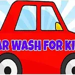 Czerwony samochód z napisem Car Wash for Kids na tle jasnobłękitnych promieni