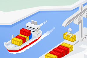 Statek towarowy płynący wzdłuż kanału wodnego z kontenerami na pokładzie obok portu z żurawiem