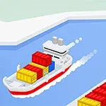 Statek towarowy płynący wzdłuż kanału wodnego z kontenerami na pokładzie obok portu z żurawiem