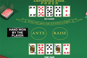 Stół do pokera z rozłożonymi kartami pokerowymi, w tym parą asów, napisem HAND WON BY THE PLAYER oraz oznaczeniami ANTE i RAISE