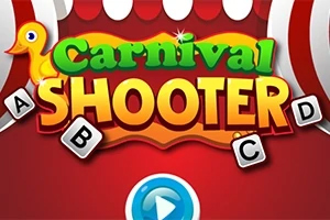 Kolorowy napis Carnival Shooter z literami A, B, C, D na czerwonym tle z rysunkiem kaczki i przyciskiem odtwarzania