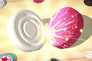 Białe i różowe pionki uderzające się nawzajem, otoczone błyskiem światła na jasnym tle