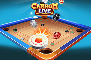 Plansza do gry z kolorowymi krążkami i napisem Carrom Live na niebieskim tle