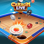 Plansza do gry z kolorowymi krążkami i napisem Carrom Live na niebieskim tle