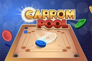 Napis „Carrom Pool” nad planszą do gry z rozrzuconymi krążkami w różnych kolorach
