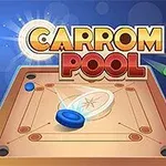 Napis „Carrom Pool” nad planszą do gry z rozrzuconymi krążkami w różnych kolorach