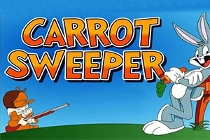 Napisy Carrot Sweeper na niebieskim tle z dużym, szarym królikiem trzymającym marchewkę po prawej stronie oraz postacią w kapeluszu celującą strzelbą po lewej