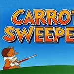 Napisy Carrot Sweeper na niebieskim tle z dużym, szarym królikiem trzymającym marchewkę po prawej stronie oraz postacią w kapeluszu celującą strzelbą po lewej