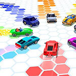 Kolorowe samochody poruszające się po wielokolorowych heksagonalnych kafelkach, z efektami ognistych smug