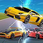 Trzy sportowe samochody na drodze, z żółtym samochodem unoszącym się w powietrzu i błyskawicą w tle