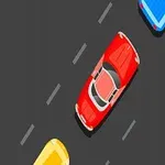 Czerwony samochód jedzie środkiem drogi, otoczony przez inne kolorowe samochody na szarej nawierzchni