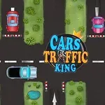 Skrzyżowanie dróg z samochodami i tekstem Cars Traffic King na środku, otoczone elementami krajobrazu jak trawa i woda