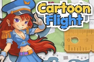 Postać w niebieskim uniformie kapitana z długimi czerwonymi włosami na tle elementów graficznych z tekstem „Cartoon Flight”