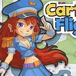 Postać w niebieskim uniformie kapitana z długimi czerwonymi włosami na tle elementów graficznych z tekstem „Cartoon Flight”