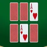 Sześć kart z czerwonymi rewersami na zielonym tle, z dwoma odkrytymi asami serce