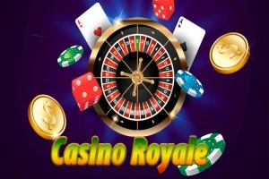Ruletka otoczona żetonami, kartami do gry i złotymi monetami na fioletowym tle z napisem Casino Royale