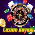 Ruletka otoczona żetonami, kartami do gry i złotymi monetami na fioletowym tle z napisem Casino Royale
