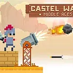 Rycerz i łucznik walczący na platformach z armatą wystrzeliwującą pociski na tle pikselowej scenerii