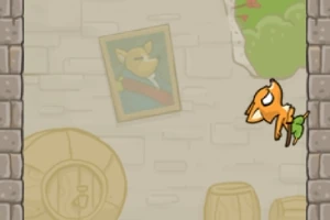 Pomarańczowy lisek skaczący między ścianami w pomieszczeniu z beczkami i obrazem przedstawiającym psa