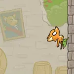 Pomarańczowy lisek skaczący między ścianami w pomieszczeniu z beczkami i obrazem przedstawiającym psa