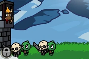 Postacie w postaci szkieletów i zielonych stworków z mieczem przed wysoką wieżą z koronowaną postacią patrzącą przez okno, na tle nieba i chmur