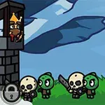 Postacie w postaci szkieletów i zielonych stworków z mieczem przed wysoką wieżą z koronowaną postacią patrzącą przez okno, na tle nieba i chmur