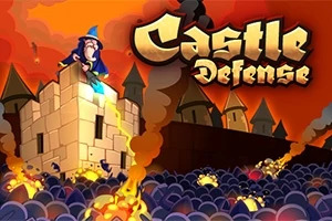 Czarodziej stojący na wieży zamku, otoczony atakującymi stworami, z napisem „Castle Defense” nad sceną