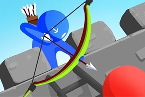 Niebieska postać z łukiem i strzałą stoi na murach zamku naprzeciwko czerwonego celu