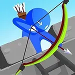 Niebieska postać z łukiem i strzałą stoi na murach zamku naprzeciwko czerwonego celu