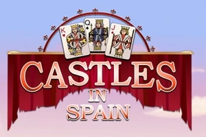 Trzy karty z królami nad napisem Castles in Spain na tle nieba