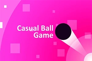 Różowe tło z czarną kulką i napisem Casual Ball Game otoczone kwadratami