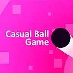 Różowe tło z czarną kulką i napisem Casual Ball Game otoczone kwadratami