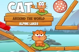 Rysunkowy pomarańczowy kot siedzący na poduszkach otoczony drewnianymi belkami, z widokiem na jeziora i góry w tle