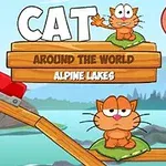 Rysunkowy pomarańczowy kot siedzący na poduszkach otoczony drewnianymi belkami, z widokiem na jeziora i góry w tle