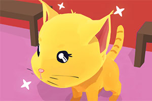 Żółty kot z dużymi oczami na różowym tle, otoczony gwiazdkami, z czerwonym i brązowym wystrojem w tle