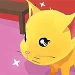 Żółty kot z dużymi oczami na różowym tle, otoczony gwiazdkami, z czerwonym i brązowym wystrojem w tle