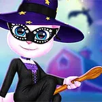 Kotka w kapeluszu czarownicy i masce wyszywająca na miotle, z dynią i duchem w tle