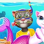 Kot w masce do nurkowania z różą oraz kotka syrena na tle podwodnego świata z rybkami