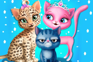 Trzy kolorowe, animowane kotki na niebieskim tle, w tym jeden w koronie i jeden z różową kokardką