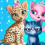 Trzy kolorowe, animowane kotki na niebieskim tle, w tym jeden w koronie i jeden z różową kokardką