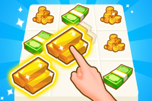 Palec wskazuje na stos złotych sztabek, otoczony przez stosy monet i paczki banknotów, na tle niebieskich promieni