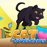 Czarny kot skacze nad włóczką w pokoju z kolorowymi przedmiotami i napisem CAT LOVESCAPES