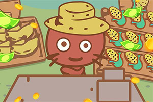 Rysunkowa postać z kapeluszem, stojąca przy ladzie z owocami i warzywami oraz monetami w tle