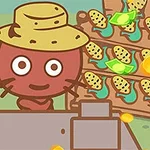 Rysunkowa postać z kapeluszem, stojąca przy ladzie z owocami i warzywami oraz monetami w tle