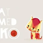 Kolorowy, geometryczny kot z czerwonymi i żółtymi trójkątami oraz napis Cat Named Soko po lewej stronie