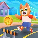 Kot w kolorowej koszulce biegnie po ulicy, zbierając złote monety, z zabudowaniami i jasnym niebem w tle