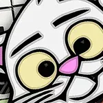 Rysunkowy biały kot z dużymi żółtymi oczami i różowym nosem na tle kolorowych kwadratów z cyframi