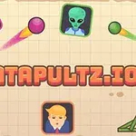 Kolorowe katapulty, ikony postaci z kosmitą i dziewczynką, oraz latające kule na siatkowatym tle z napisem CATAPULTZ